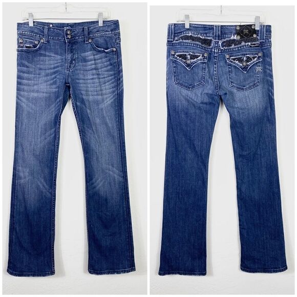 Miss Me Dark Wash Low Rise Rhinestone Embellished Flap Pocket Bootcut Jeans - Picture 1 of 8